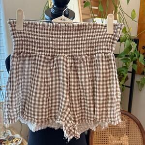 Urban Outfitters Out From Under Taupe Check Gauzy Cotton Smocked Waist Shorts